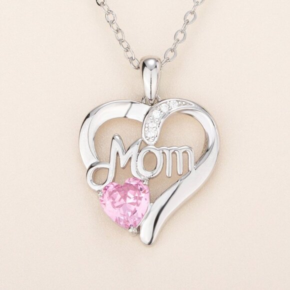 Mom Heart Pendant Necklace, Birthstone Crystal, Pink Crystal, October Birthstone - Picture 1 of 4